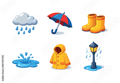 Rainy Day Icons. Rainy weather. Isometric flat vector icons set of Rainy weather: cloud with raindrops, umbrella, rain boots, puddle splash, raincoat, street