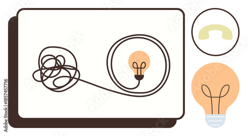 Tangled black wire leading to a glowing light bulb, representing clarity. Ideal for innovation, problem-solving, creativity, brainstorming, efficiency, inspiration, simple flat metaphor