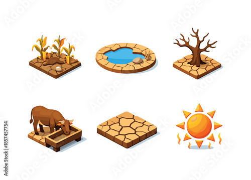 Drought Effects Icons. Drought effects. Isometric flat vector icons set of drought effects: withered crops, dry cracked pond, dying tree, livestock drinking