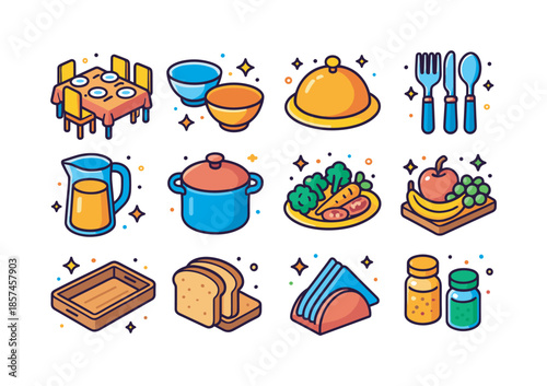 Colorful Family Icons. Family gathering. Colorful isometric vector icons set of family gathering: dining table, serving bowls, warm dish cover, cutlery bundle,