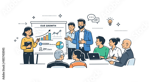 Startup Investor Presentation. Investor pitch meeting. A startup team confidently presenting key metrics and vision to seated investors. Focused attention,