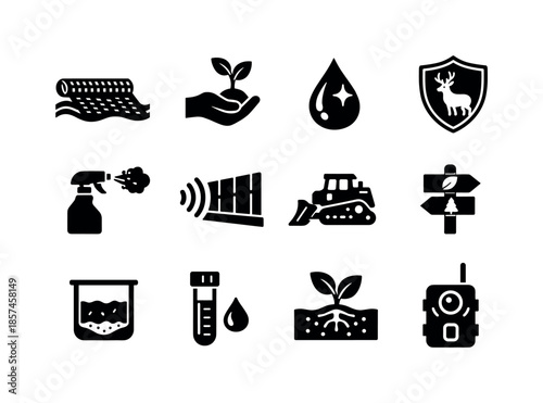 Environmental Mitigation Icons. Environmental impact mitigation. Solid icon set of environmental impact mitigation: erosion control net, replanting tree, clean