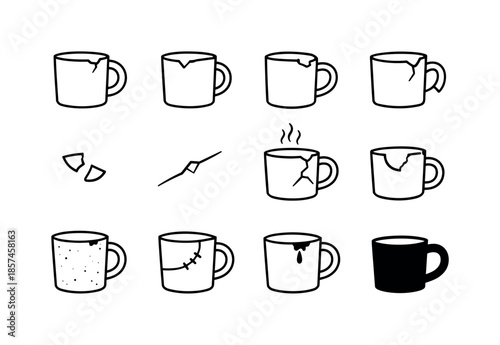 Chipped Mug Icons. Chipped Mug. Line icon set of Chipped Mug: chipped mug front, cracked rim mug, side-view chipped cup, broken handle mug, tiny chip detail,