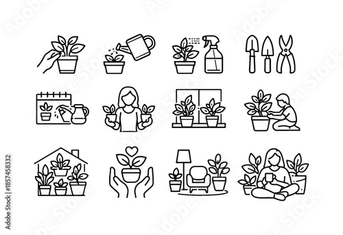 Indoor Plant Icon Set. Indoor Plant Lifestyle. Line icon set of Indoor Plant Lifestyle: caring for plants, watering houseplants, misting leaves, plant care