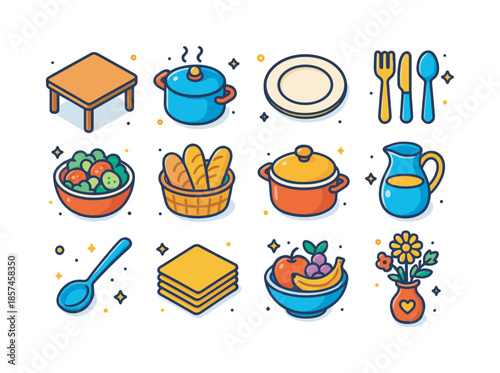 Colorful Family Feast Icons. Family meal. Colorful isometric vector icons set of family meal: wooden table, steaming pot, dinner plates, cutlery set, salad
