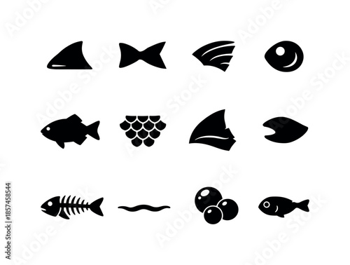 Fish Anatomy Icons. Fish anatomy. Solid icon set of Fish anatomy: fin, tail, gill, eye, fish outline, scale pattern, dorsal fin shape, mouth silhouette, fish