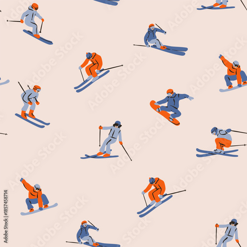 Set of Skiers, Snowboarders in motion. Sportsmen in different poses. Winter sports, extreme outdoor activity concept. Hand drawn Vector illustration. Square seamless Pattern, background, wallpaper 
