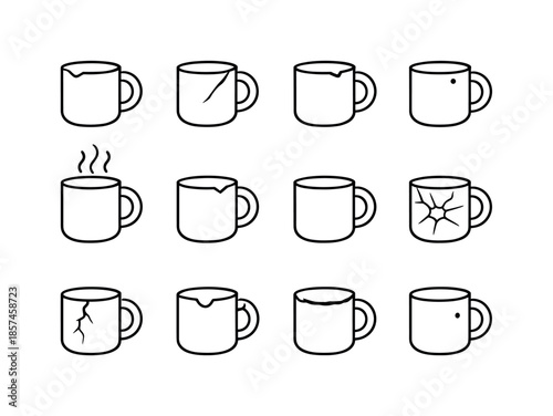 Chipped Coffee Mug Icons. Chipped coffee mug. Line icon set of chipped coffee mug: chipped corner rim, stress fracture line, slight rim dent, ceramic dust