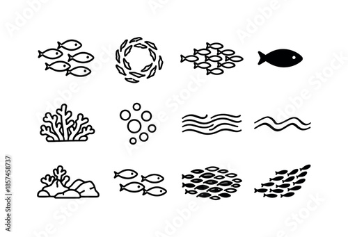 Fish Schools Icon Set. Complete Fish Schools Essentials. Line icon set of Complete Fish Schools Essentials: group of fish, swirling school, arrow formation,