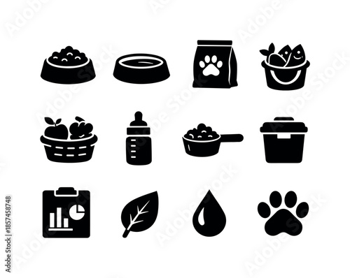 Animal Feeding Icons. Animal feeding and nutrition. Solid icon set of animal feeding and nutrition: feeding bowl, water bowl, pellets bag, fish bucket, fruit