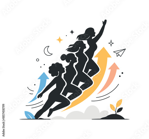 Rising Silhouettes Empowerment. Women Empowerment Silhouettes. Symbolic illustration of several women silhouettes rising upward together, suggesting growth,