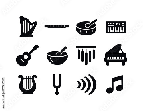 Soft Instrumental Icons. Soft instrumental sounds. Solid icon set of soft instrumental sounds: harp symbol, flute silhouette, soft drum, ambient synth, calming