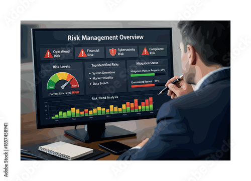 Risk Management Dashboard. Risk management overview. A professional reviewing potential risks on a dashboard with simple warning and shield