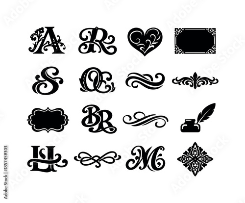 Ornate Lettering Icons. Decorative Lettering. Solid icon set of Decorative Lettering: embellished letters, ornate capitals, swash elements, decorative borders,
