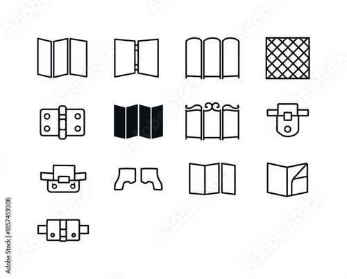 Folding Screen Icons. Folding screen. Line icon set of folding screen: three-panel screen, hinged frame, privacy divider, wood lattice pattern, folding joint,