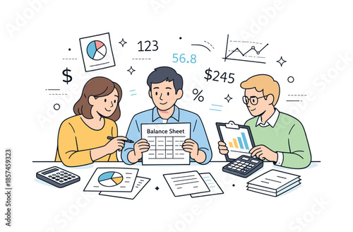 Financial Team Collaboration. Business finance and accounting. Financial team reviewing balance sheets and charts together, calm collaboration and focused