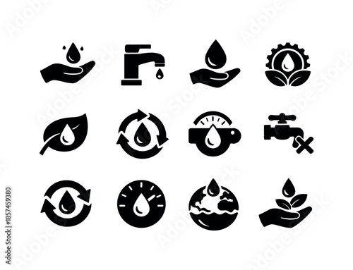 Eco Water Icons. Eco water usage. Solid icon set of Eco water usage: water-saving icon, low-flow faucet, droplet conservation, efficiency badge, eco leaf,