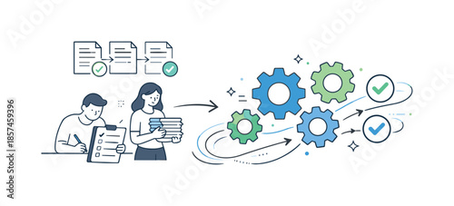 Seamless Automation Flow. Process automation. Abstract scene of repetitive tasks turning into smooth automated flows with gears and checkmarks. Sense of