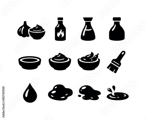 Shrimp Sauce Icons. Shrimp skewer sauces. Solid icon set of shrimp skewer sauces: garlic aioli, chili sauce, soy sauce bottle, teriyaki bottle, lemon butter
