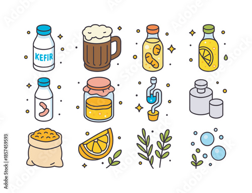 Fermented Drink Icons. Fermented Drinks. Colorful isometric vector icons set of Fermented Drinks: kefir bottle, kvass mug, fermented ginger drink, fermented