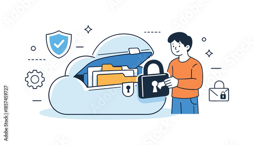 Cloud Data Security. Secure data storage. A character locking files inside a cloud-shaped container, representing protection and privacy. Calm and reassuring
