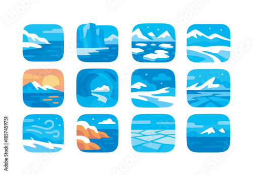 Colorful Arctic Icon Set. Arctic scenes. Colorful flat vector icons set of arctic scenes: icy shoreline, frozen bay cliffs, drifting pack ice, snowy ridge