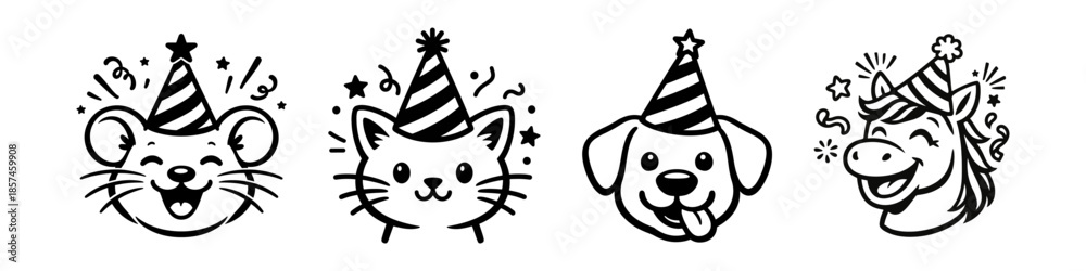 Naklejka premium Cute animal party faces set, cat and dog wearing birthday hats, hand drawn line art characters, festive celebration illustration for design