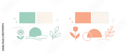 Spring Color Harmony. Two-tone spring color sets. A calm editorial composition with paired color swatches, small floral hints, and abstract shapes,