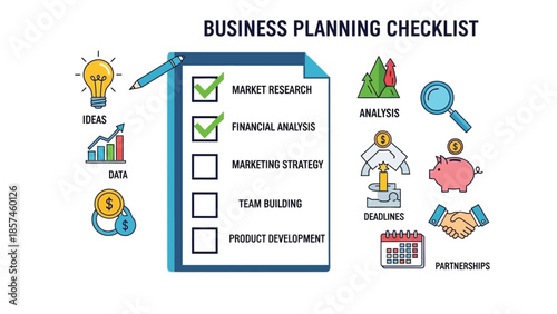 A business planning checklist is shown with icons representing ideas, data, market research, financial analysis, analysis, deadlines, partnerships, and product development.