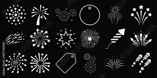 Collection of white fireworks and tag a black celebration explosion