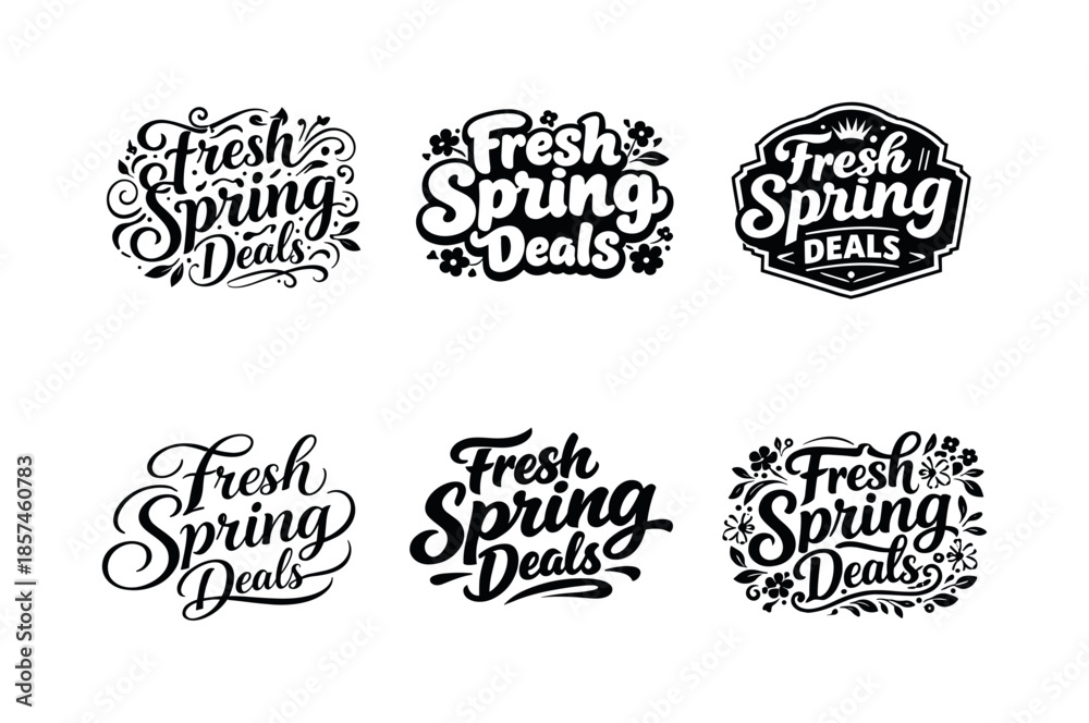 Fototapeta premium Spring Deals Lettering Grid. Fresh spring deals. Set lettering. harmonious lettering variations of the same emblematic concept, each with different artistic