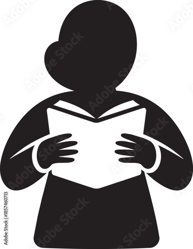 Silhouette of a person reading a book with open pages isolated on a transparent background