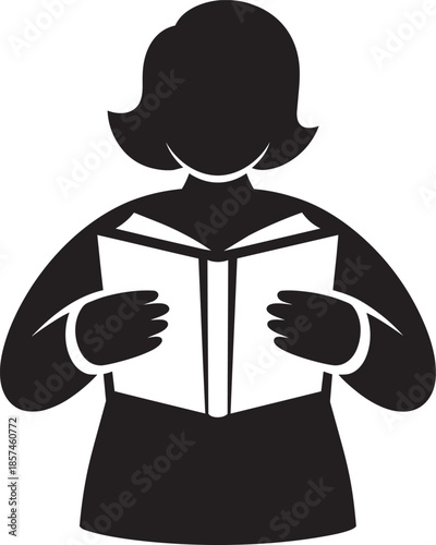 Silhouette of a woman reading a book with an open pages isolated on a transparent background