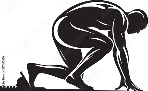 Stylized black silhouette of professional runner on starting block ready to sprint race