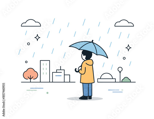 Minimalist Rainy Cityscape. Umbrella and rain elements. A city scene reduced to simple shapes, with a character standing still under an umbrella, watching rain