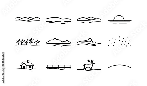 Winter Horizon Icons. Winter horizon scenes. Line icon set of winter horizon scenes: distant hills, frozen lake silhouette, snowy field, winter sun low, bare