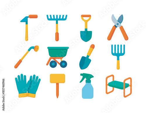 Community Gardening Icons. Community gardening tools. Colorful flat vector icons set of community gardening tools: hoe, rake, spade, pruners, watering wand,