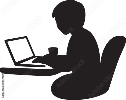 Young student silhouette illustration using laptop computer at small desk sitting on chair