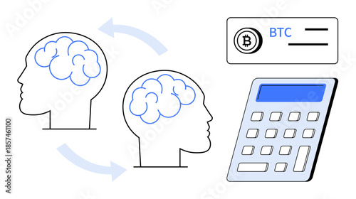 Cryptocurrency, financial technology, blockchain, brain exchange, innovation, investment. Two human brain outlines with transfer arrows, Bitcoin wallet and calculator. Cryptocurrency and financial