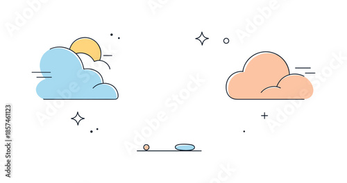 Optimistic Abstract Space. After the clouds. Minimal abstract forms drifting aside to reveal empty space and balance. The illustration feels