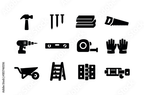 Greenhouse Tools Icons. Hand-built greenhouse tools. Solid icon set of hand-built greenhouse tools: hammer, nails, wooden planks, saw, drill, level tool, tape