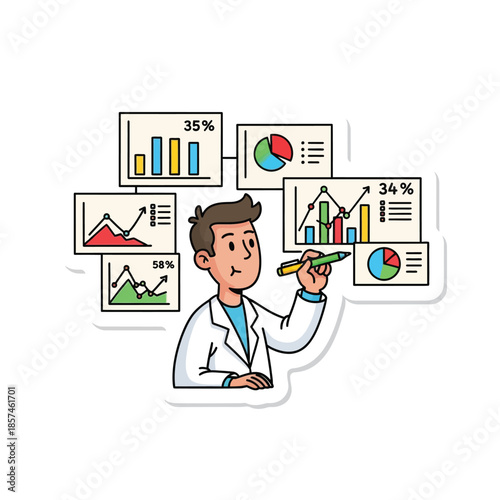 A scientist analyzes data on various graphs and charts in a laboratory setting from a frontal viewpoint.