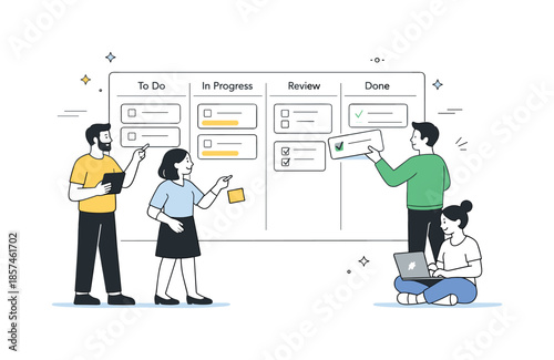Team Workflow Illustration. Project management workflow overview. A team organizing tasks on a digital board with columns. Calm coordination and transparency,