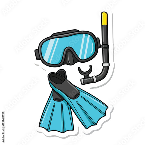 Snorkeling gear illustration featuring mask flippers and tube in a graphic design