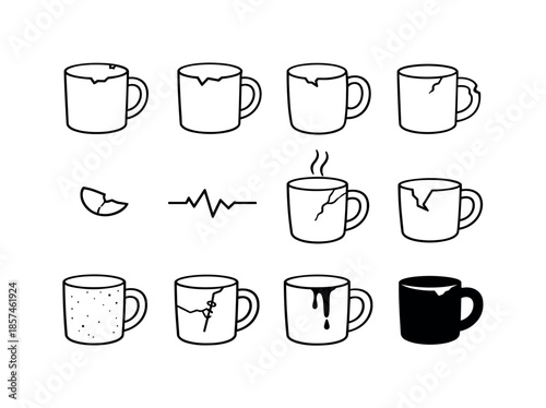 Chipped Mug Icons. Chipped Mug. Line icon set of Chipped Mug: chipped mug front, cracked rim mug, side-view chipped cup, broken handle mug, tiny chip detail,