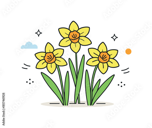 Spring Daffodil Illustration. Spring daffodil flower illustration. Fresh yellow daffodils with simple leaves, expressing renewal and early spring energy. Calm