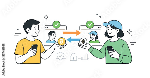 Digital Coin Exchange. Cryptocurrency transaction. Two characters exchanging digital coins through a simple interface. Smooth interaction and speed, arrows and