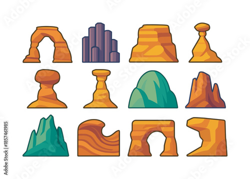 Colorful Rock Icon Set. Rock Formations and Natural Architecture. Colorful flat vector icons set of rock formations and natural architecture: sandstone arch,