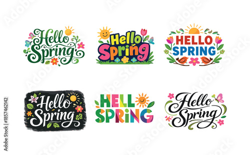 Spring Lettering Variations. Hello Spring Banner. Set lettering. harmonious lettering variations of the same emblematic concept, each with different artistic