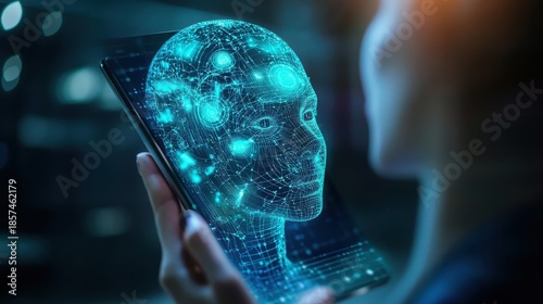 A person's hand holds a smartphone screen showcasing a glowing, interconnected digital human head, symbolizing artificial intelligence and advanced technology.
